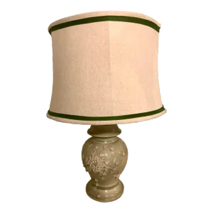 1940's Chinoiserie Chic Celadon Ginger Jar Table Lamp With White Floral Relief and New Custom Linen Shade