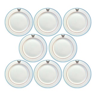 Vintage Lamberton Sterling Butterfly Plates With Banded Details in Orange and Blue, a Set of 8 For Sale