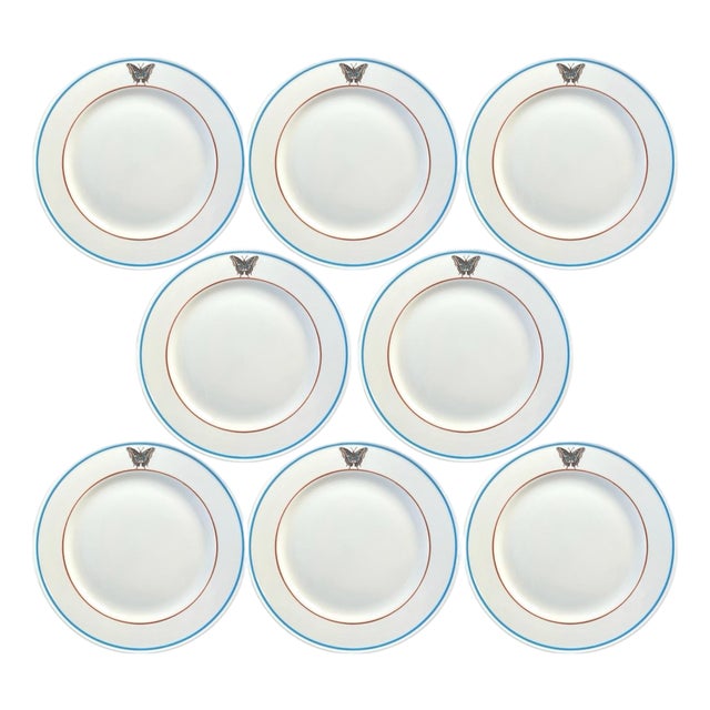 Vintage Lamberton Sterling Butterfly Plates With Banded Details in Orange and Blue, a Set of 8 For Sale