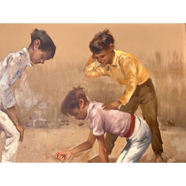 1960's Menoolla Children Playing Marbles Oil on Canvas Painting For Sale In Miami - Image 6 of 11
