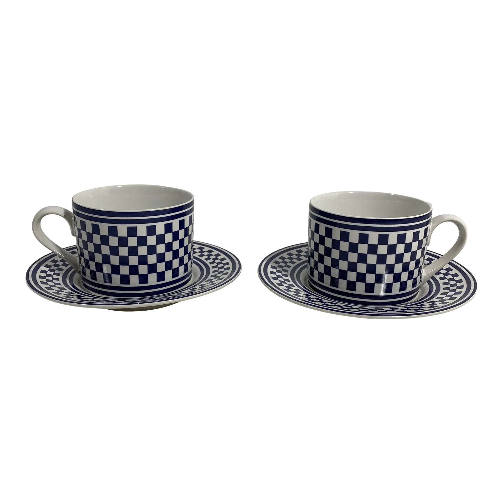 1994 Classic Checks Checkerboard Blue Coffee/Tea Cups Set of 2 | Chairish