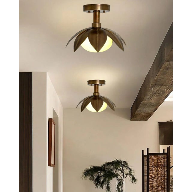 Sunflower Flush Mount Lighting Fixture With Milk Glass Shade in Handcrafted Brass For Sale - Image 6 of 10