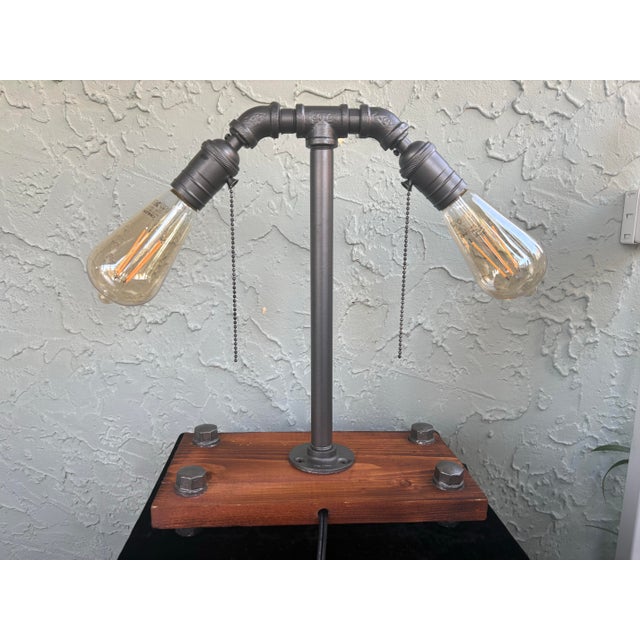 Wood Mercantile Design Industrial Pipe Table Lamp With Dual Edison Sockets on Solid Wood Base For Sale - Image 7 of 11