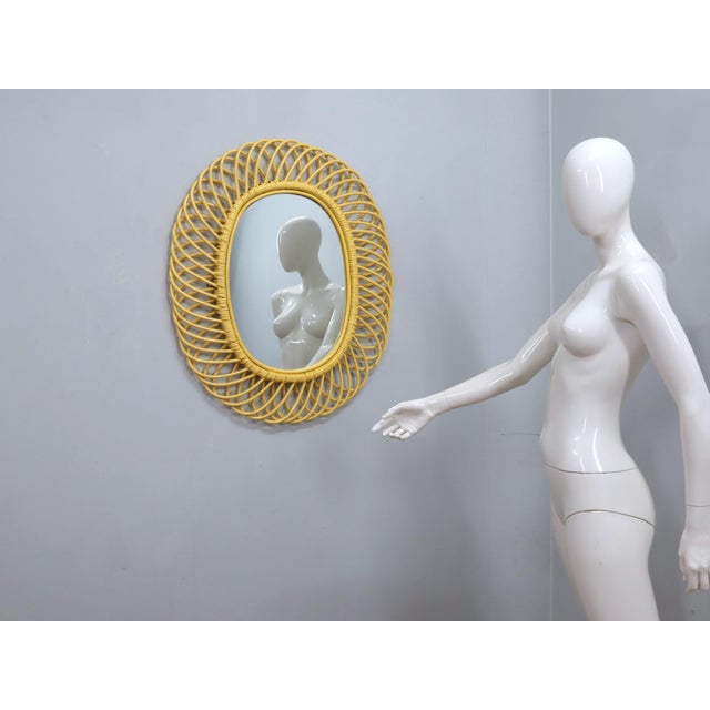 1960s Albini Yellow Lacquer Wicker Mirror attributed to Franco Albini, 1960s For Sale - Image 5 of 11