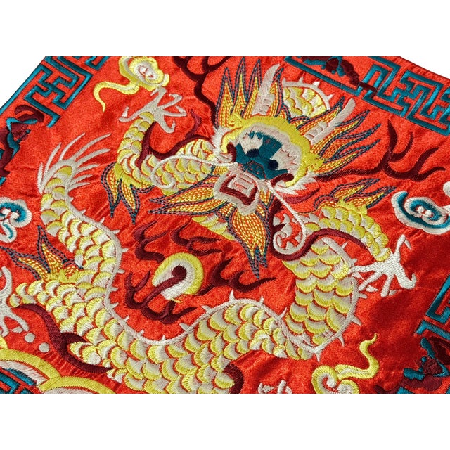 Textile Asian Square Red Golden Dragon Bats Yu Ri Edge Fabric Display Art For Sale - Image 7 of 7