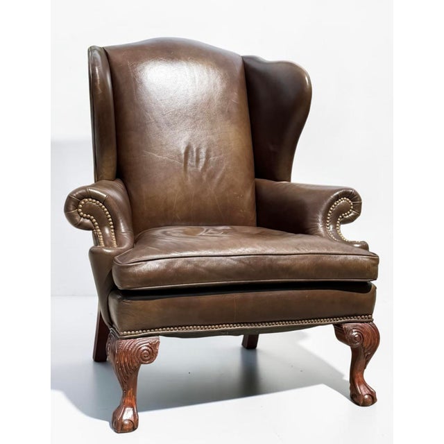 English Vintage Ethan Allen Leather Wingback Armchair With Carved Claw Feet For Sale - Image 3 of 12