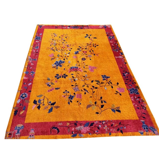 1930s 1920s Canary Yellow Floral Sprays Antique Chinese Art Deco Carpet 6'2" X 8'8" Knotted Wool Rug For Sale - Image 5 of 9