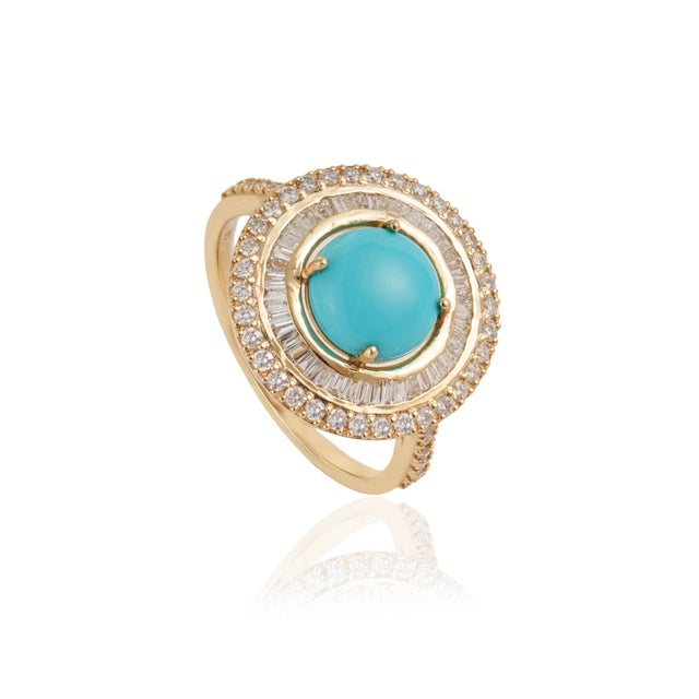 Art Deco Revival 1.52ct Round Turquoise & Diamond Halo Ring Size 4 in 14k Yellow Gold For Sale - Image 4 of 17