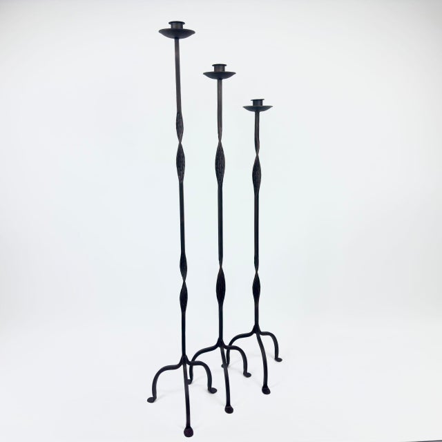 Metal Hand Forged Iron Candelabra Set of 3 (107-127cm) Antique Copper Finish Open Twist Stem with Arched Base For Sale - Image 7 of 8