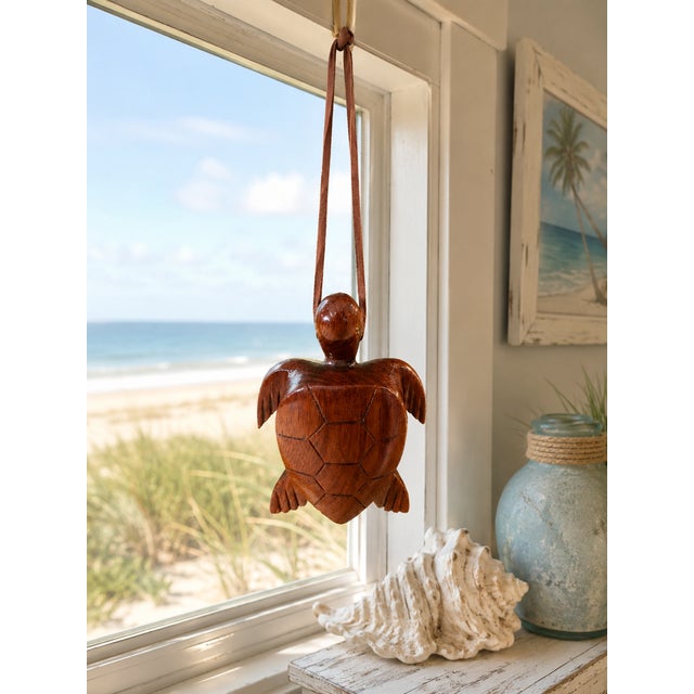 Folk Art Hand-Carved Wood Honu Sea Turtle Hanging Ornament, Hawaiian-Style Coastal Decor For Sale - Image 3 of 10