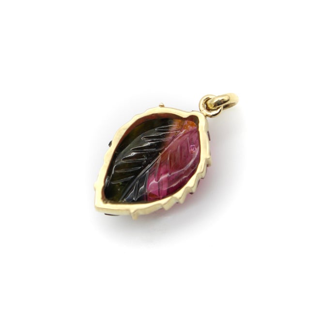 2010s 14k Gold Watermelon Tourmaline Carved Leaf Pendant For Sale - Image 5 of 9