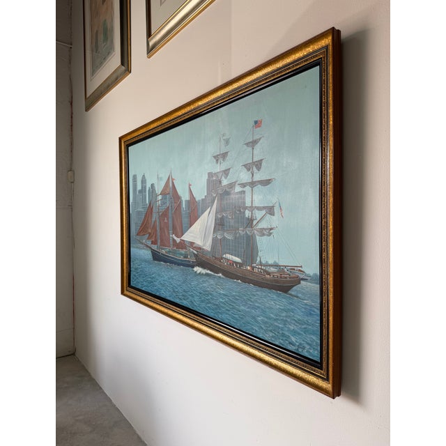 Large- 1980’s Diane Kenny Maritime City Skyline Painting, Framed For Sale - Image 4 of 12