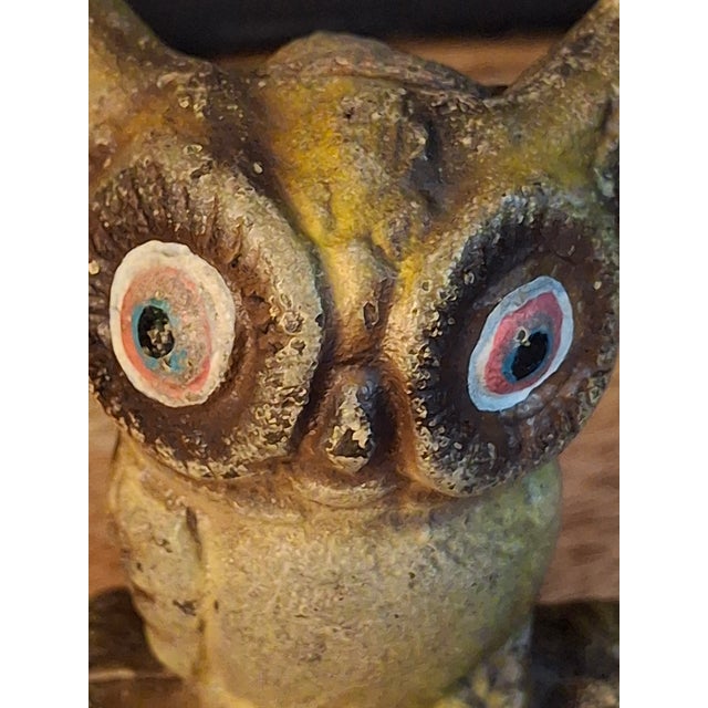 Vintage Cast Iron Owl on Stump Still Bank Gold Finish 3.7" Moore Pg 90 #599 For Sale - Image 10 of 18