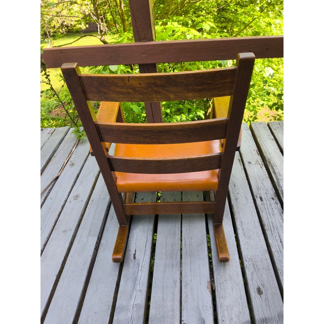 1920s Antique Child's Solid Oak Mission Leather Rocking Chair For Sale - Image 5 of 7