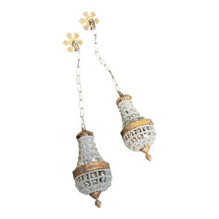 1970s Regency Style Gold and Crystal Baby Pendant Lights- A Pair For Sale