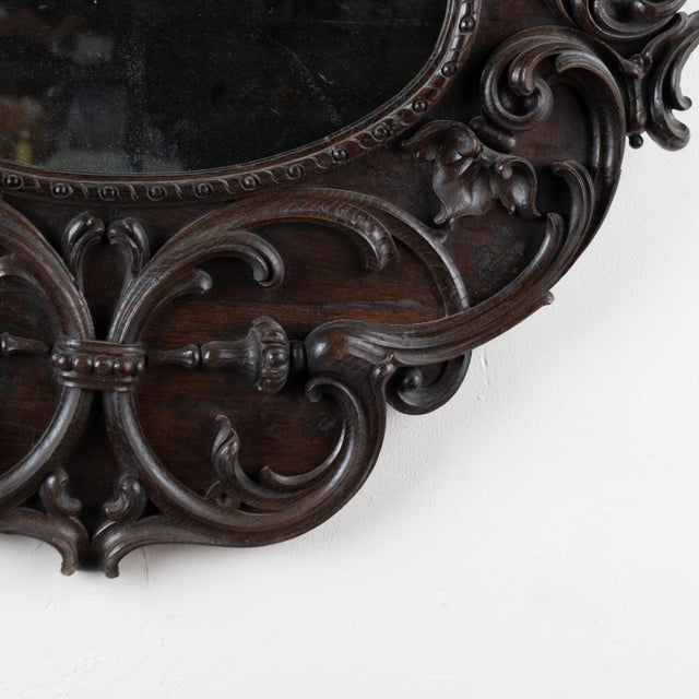 Brown Early 20th Century Carved Oval Dark Oak Mirror From Portugal For Sale - Image 8 of 10