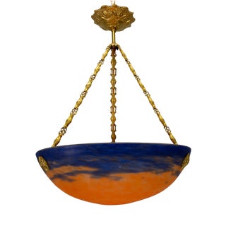 French Art Nouveau Blue & Orange Mottled Glass Pendant Light by G.V. Croismare For Sale