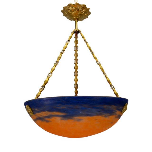 French Art Nouveau Blue & Orange Mottled Glass Pendant Light by G.V. Croismare For Sale