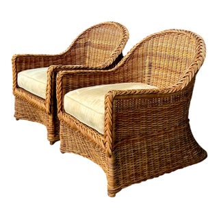 Vintage Braided Rattan Lounge Chairs - Pair For Sale