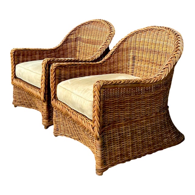 Vintage Braided Rattan Lounge Chairs - Pair For Sale