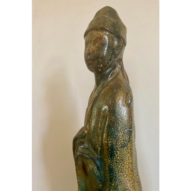 Pair of Vintage/Antique Ceramic Asian Scholar Figures on Pedestal Bases Set of 2 For Sale - Image 9 of 18