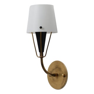 Italian Brass, Black Metal and Opaline Glass Wall Sconce, 1950s For Sale