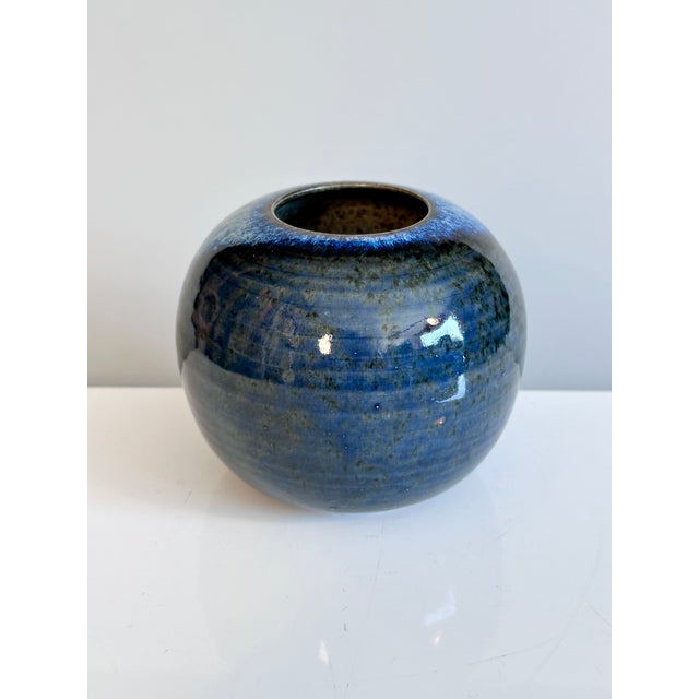 Studio Ceramic Spherical Vase with Blue Flowing Glaze, Germany, 1970s For Sale - Image 6 of 15