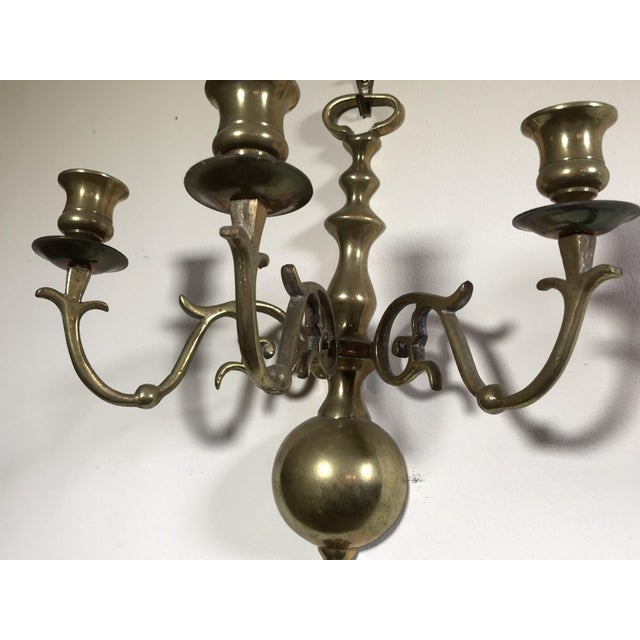 Metal Vintage Three-Light Brass Candle Wall Sconces—A Pair For Sale - Image 7 of 8