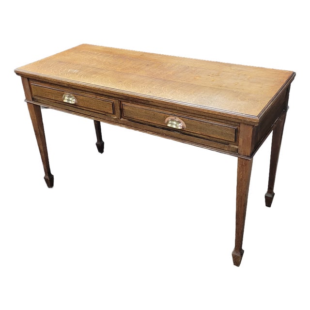 Early 20th Century English Oak 2 Drawer Console Table With Tapered Legs and Spade Feet For Sale