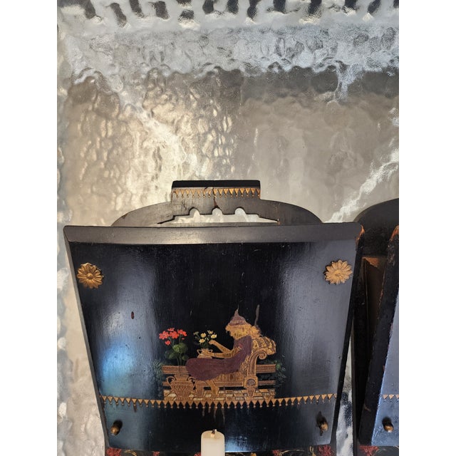 19th C. Chinoiserie Ebonized Wall Sconces & Letter Pockets - A Pair For Sale - Image 11 of 17