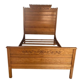 Antique Eastlake Beautiful Carved Solid Oak Full Size Bed For Sale