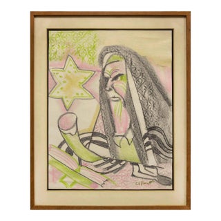 Unknown, 1950s Judaica Rabbi With Shofar Drawing For Sale