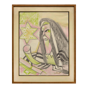 Unknown, 1950s Judaica Rabbi With Shofar Drawing