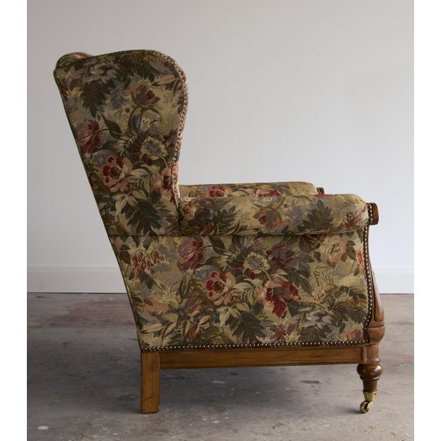 2000 - 2009 Lillian August for Drexel Heritage Tufted Wingback Chair With Scroll Arms and Brass Casters For Sale - Image 5 of 8