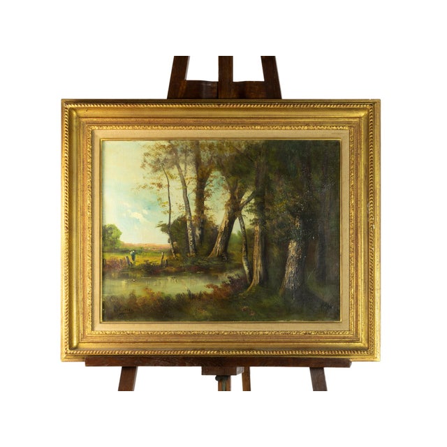 A tranquil naturalistic green-and-brown oil bucolic landscape painting with river and man in the distance. The painted is...