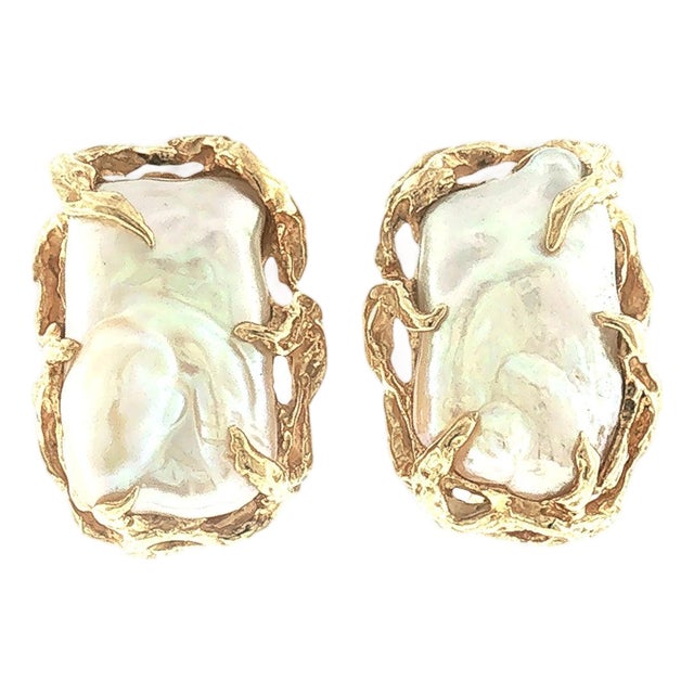 Mid-Century Brutalist 18k Yellow Gold Baroque Pearl Earrings, A Pair For Sale