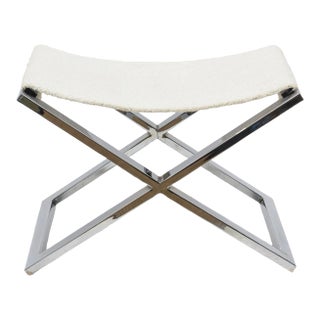 Vintage X Frame Chromed Steel Bench With New White Boucle Sling Seat, 1980's For Sale