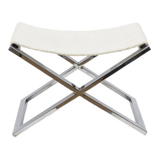 Vintage X Frame Chromed Steel Bench With New White Boucle Sling Upholstery 80's For Sale