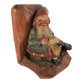 Vintage Hand Carved Folk Art Gnome Single Bookend For Sale