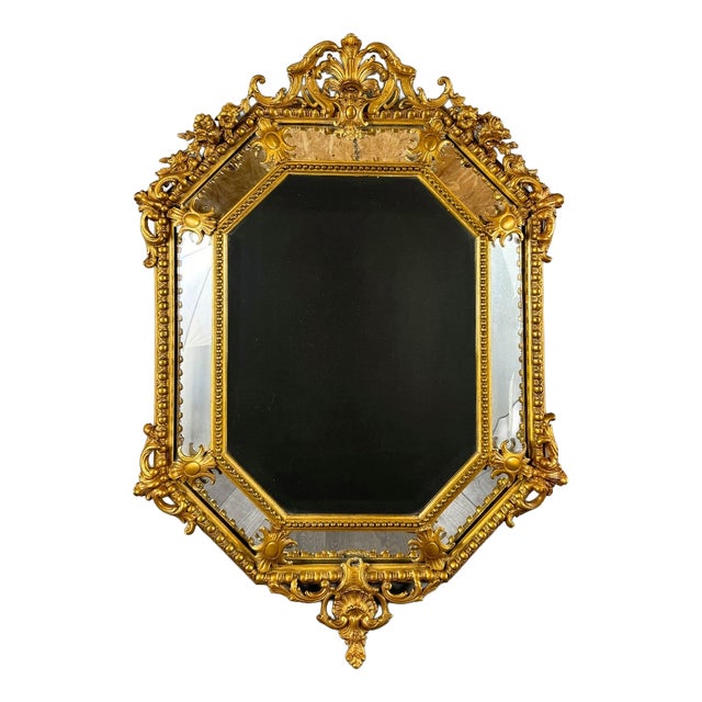 Antique 19th Century Louis XV Octagonal Mirror in Richly Carved Giltwood For Sale