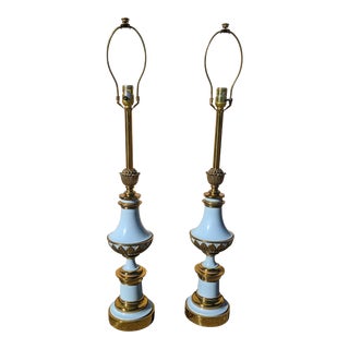 Pair of 1950s Stiffel Brass & Enamel Table Lamps For Sale