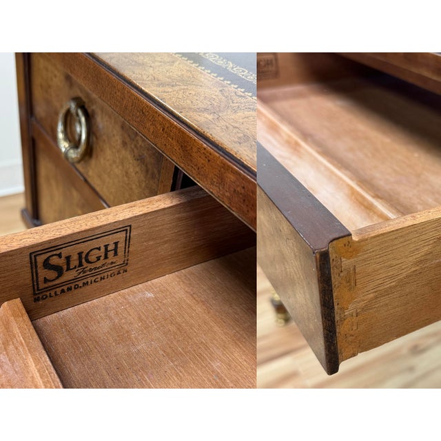 Vintage Sligh-Lowry Burl Wood Leather Top Demilune Desk W/ Brass Legs For Sale - Image 12 of 12