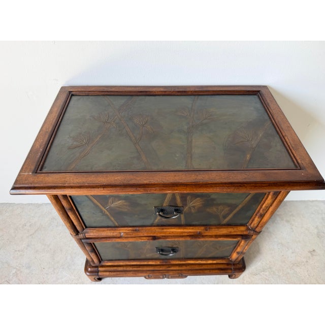 Hollywood Regency Vintage Chinese Faux Bamboo Two-Drawer Nightstand With Bronze Bamboo Relief Panels For Sale - Image 3 of 12