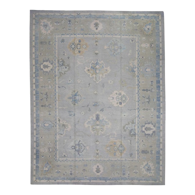 Early 21st Century Gray & Blue Floral Design Handwoven Wool Turkish Oushak Rug 12' X 16'1" For Sale