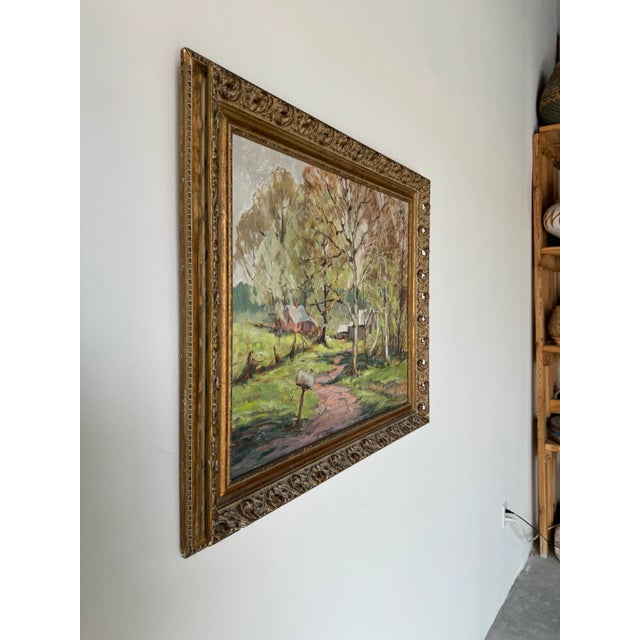 Charming mid century impressionist rural spring landscape oil on canvas painting by RUTH KERLIN HIBBS C,1960's. Stunning...