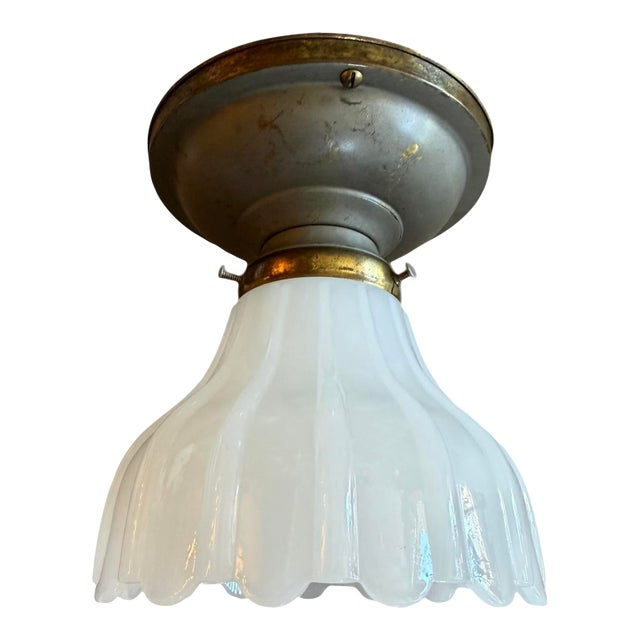 Antique Flushmount Light Fixture With Original Painted Patina Gray and Gold Canopy For Sale