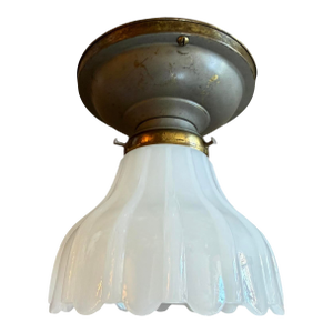 Antique Flushmount Light Fixture With Original Painted Patina Gray and Gold Canopy