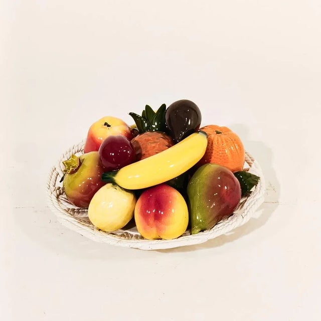 Large ceramic tabletop fruit bowl from Hispania, Spain, 1950s. One-piece body made up of a white braided ceramic base...