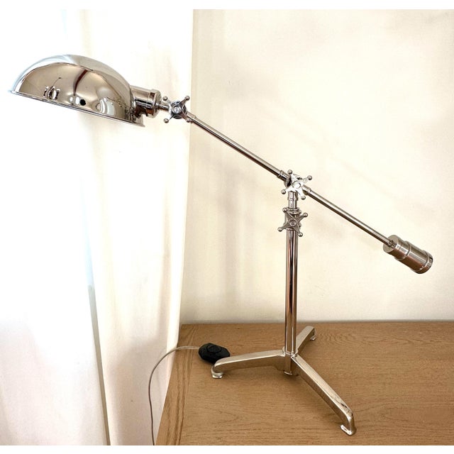 Industrial contemporary style, adjustable table lamp with dimmer in polished chrome, with domed shade and counterbalance...