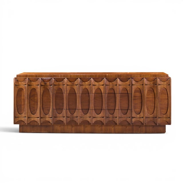 Tobago Brutalist Mid Century Walnut Lowboy Dresser This lowboy measures: 80 wide x 21.5 deep x 30.25 inches high Fair...